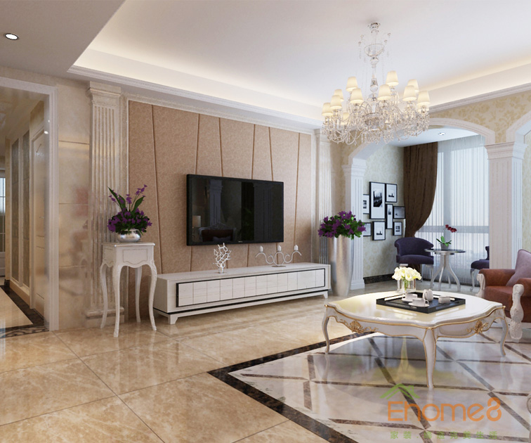三房一廳108㎡歐式簡約客廳吊燈電視墻裝修效果圖1