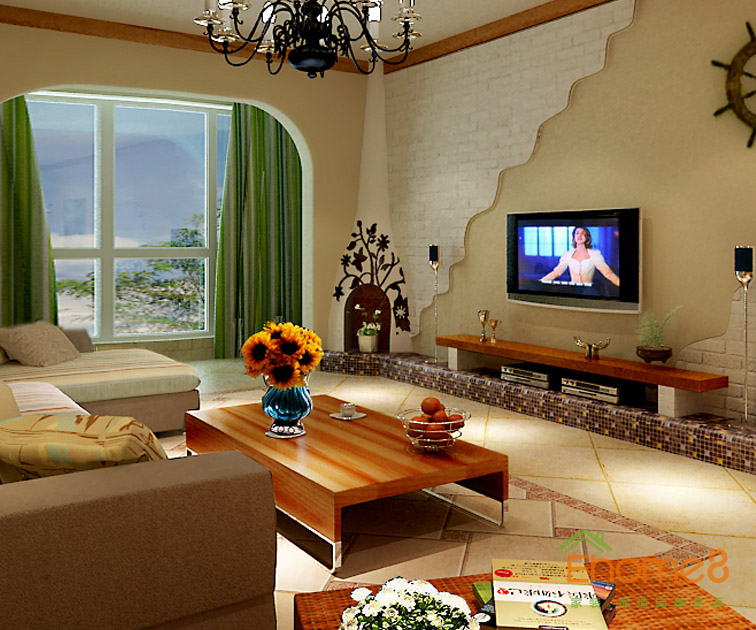 122㎡三房一廳東南亞風(fēng)格客廳電視墻裝修平面圖1