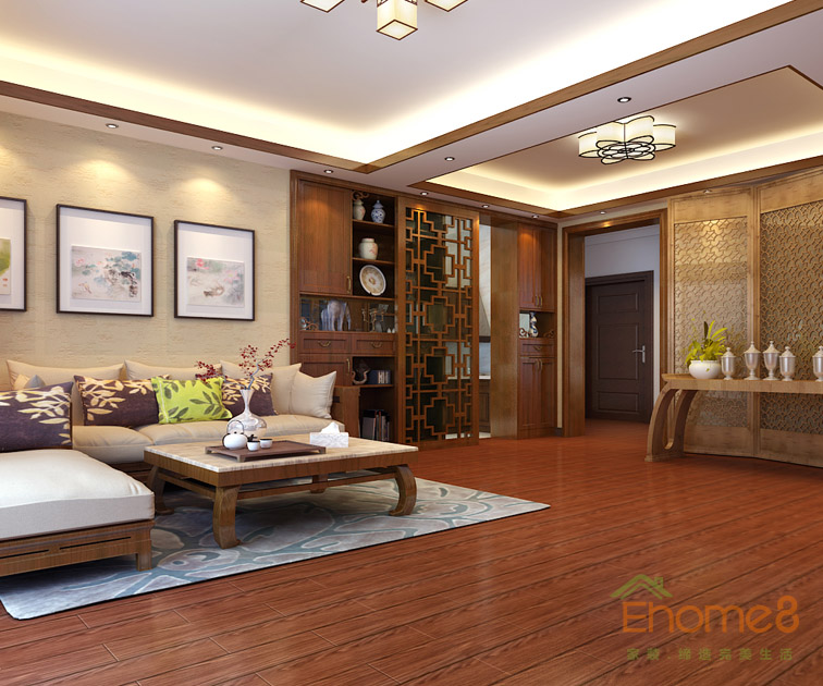 93㎡三房一廳中式風(fēng)格客廳裝修效果圖12