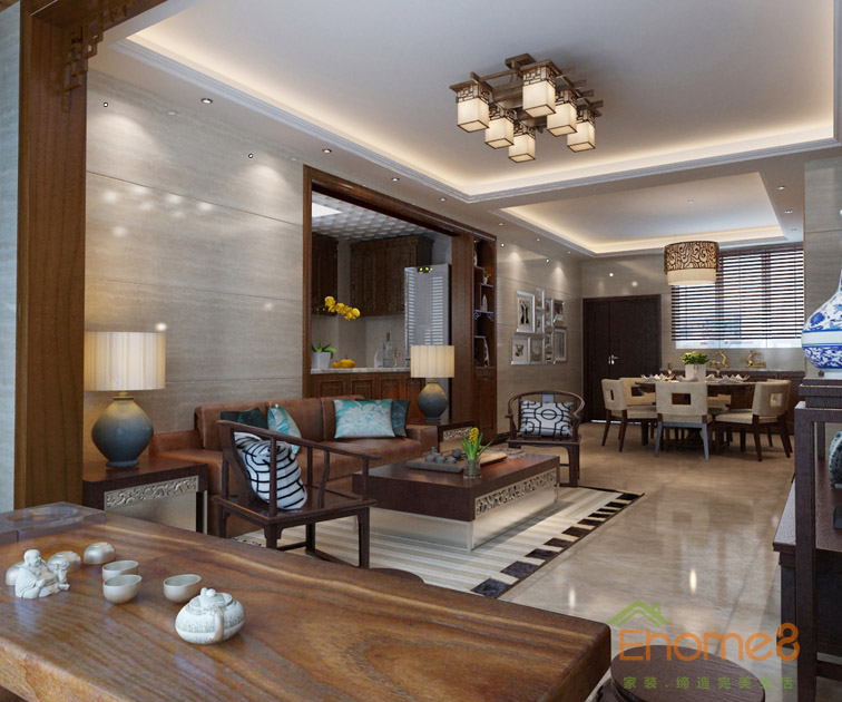 113㎡四房一廳中式風(fēng)格客廳全景裝修效果圖1212