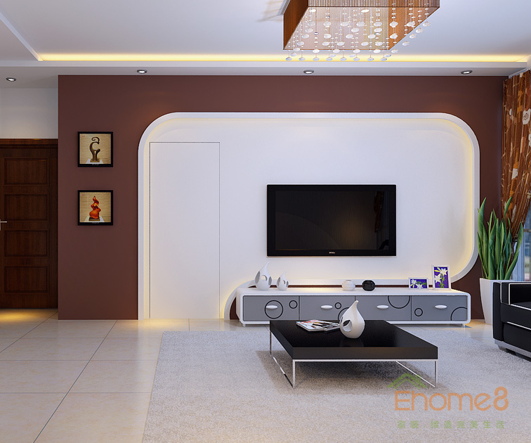 67㎡兩房一廳美式風格客廳吊燈電視墻裝修效果圖1