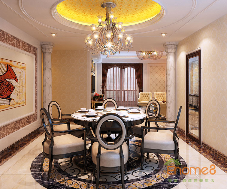108㎡三房一廳法式風格餐廳吊燈餐桌裝修效果圖