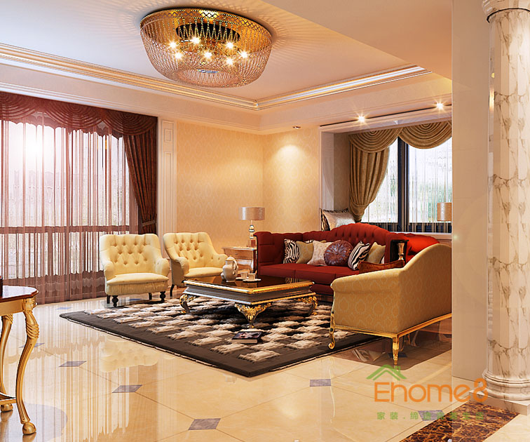 108㎡三房一廳法式風格客廳吊燈沙發(fā)裝修效果圖