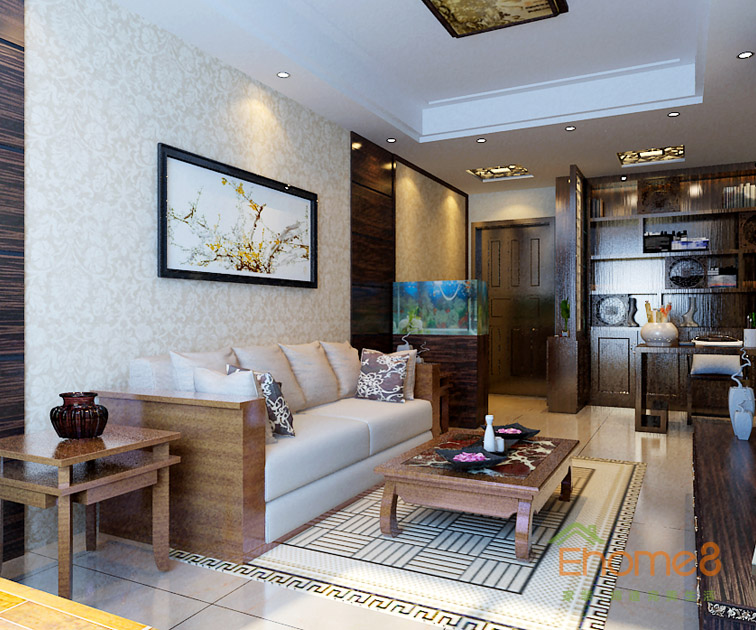 42㎡小戶型中式原木風格客廳裝修效果圖