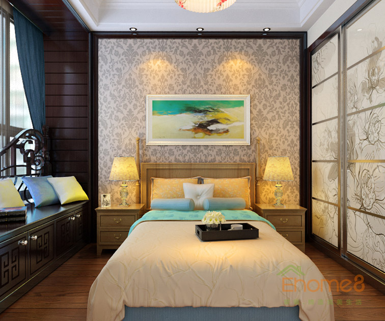 93㎡三房一廳中式原木風格次臥裝修效果圖