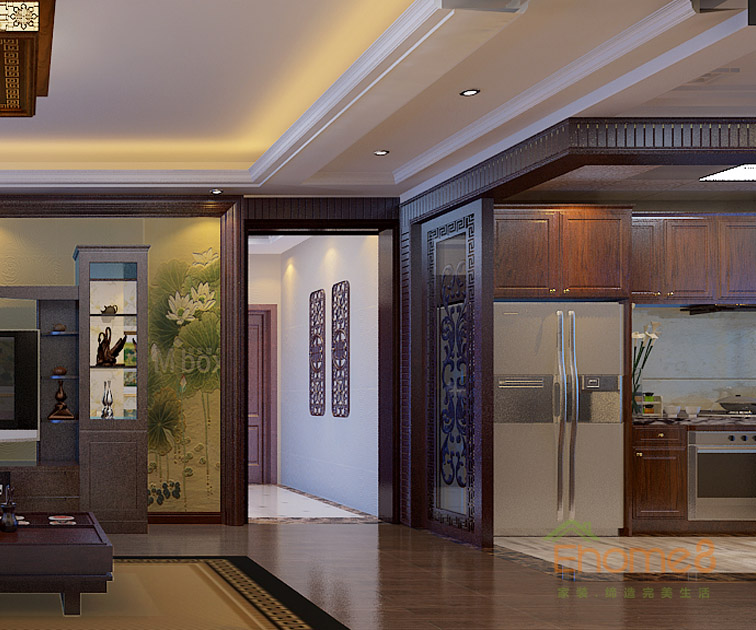 93㎡三房一廳中式原木風格過道裝修效果圖