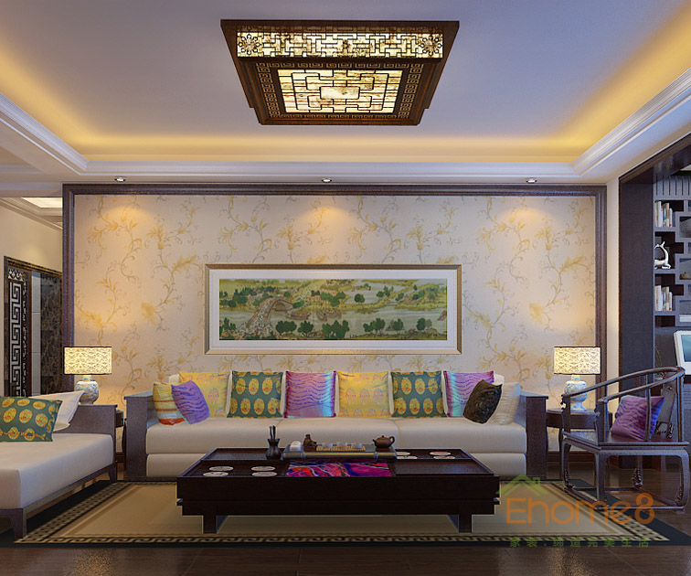 93㎡三房一廳中式原木風格客廳背景墻裝修效果圖