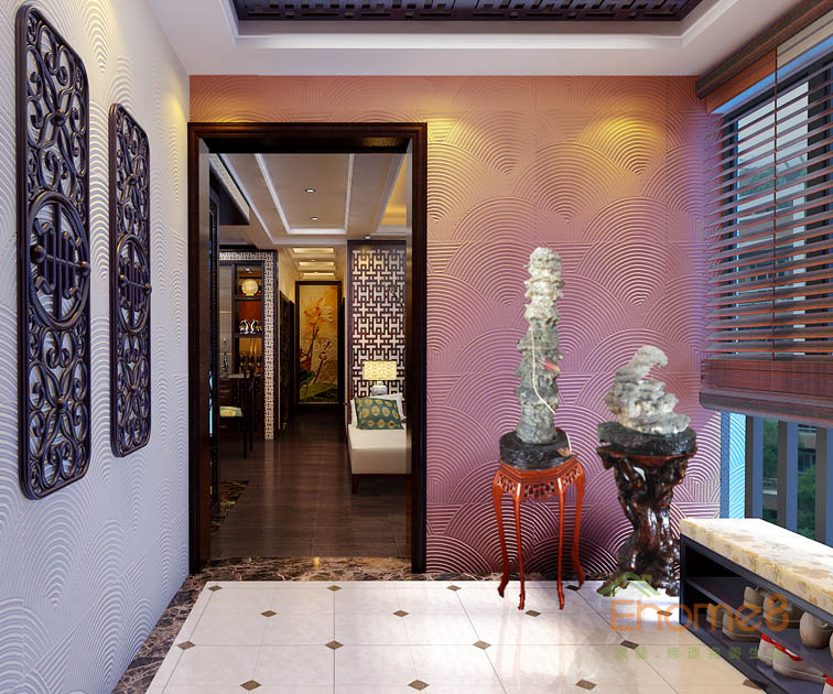 93㎡三房一廳中式原木風格入戶裝修效果圖456