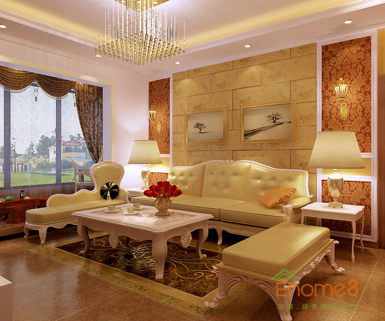 96㎡三房一廳法式風格客廳沙發背景墻裝修效果圖.