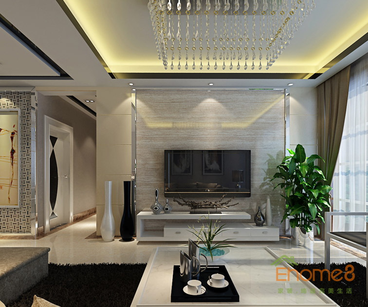 71㎡兩房一廳美式風格客廳電視墻裝修效果圖