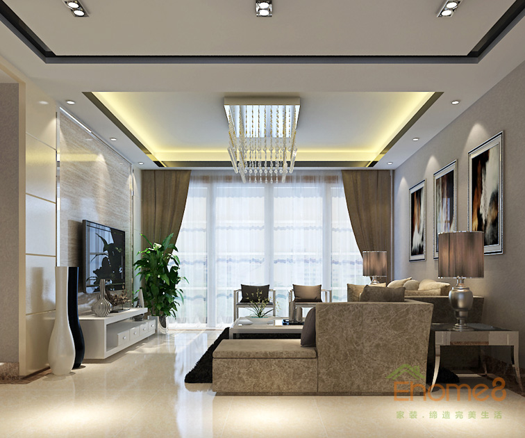 71㎡兩房一廳美式風格客廳全景裝修效果圖