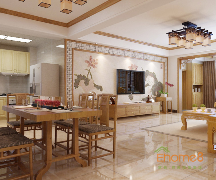 98㎡三房一廳中式原木風格客廳餐廳裝修效果圖