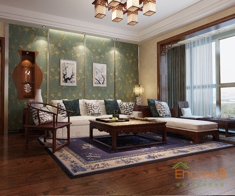 106㎡三房一廳中式風(fēng)格沙發(fā)背景墻裝修效果圖