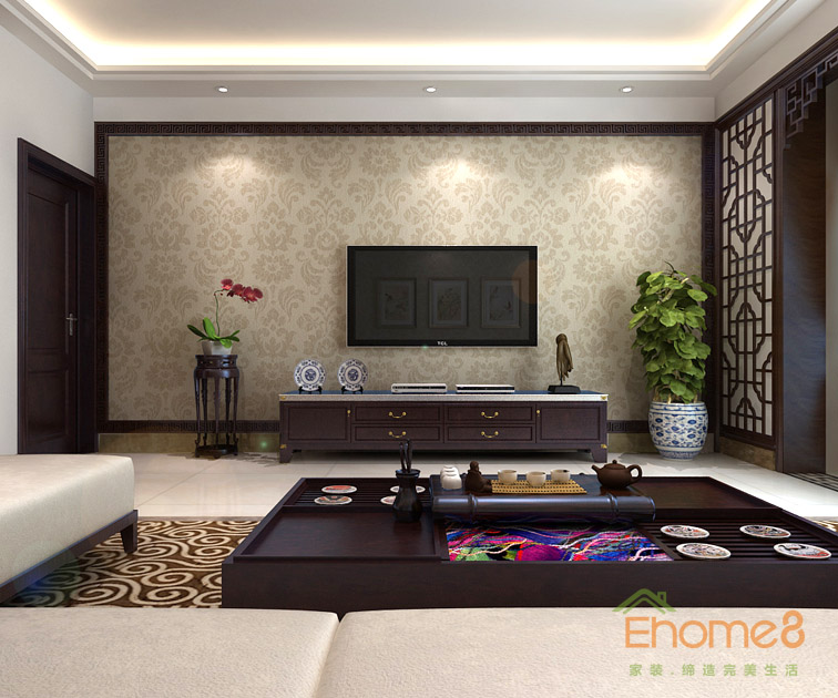 75㎡兩房一廳中式風(fēng)格客廳電視墻裝修效果圖