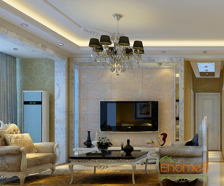 98㎡三房一廳歐式貴族風格客廳電視墻裝修效果圖