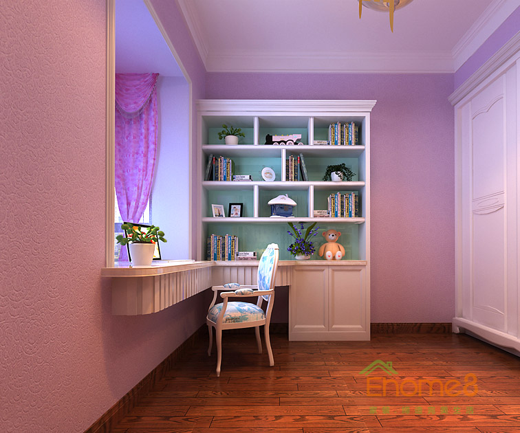 80㎡兩房一廳中西結(jié)合風(fēng)格女兒房書柜裝修效果圖