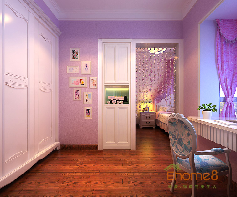 80㎡兩房一廳中西結(jié)合風(fēng)格女兒房書桌裝修效果圖