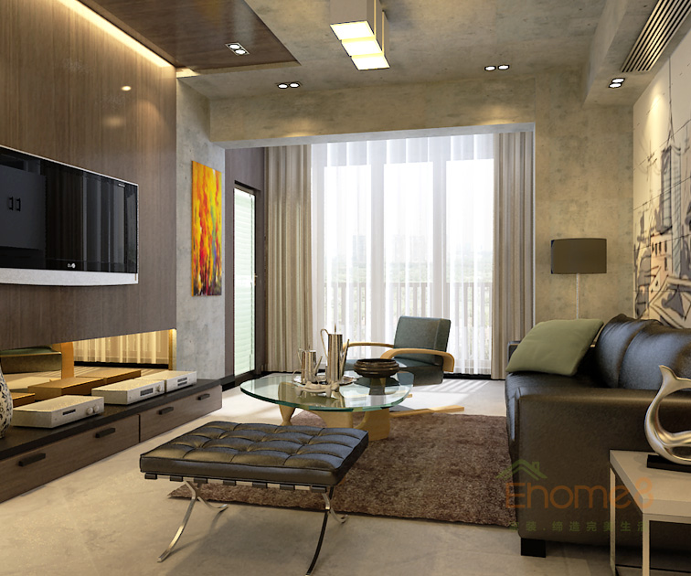 65㎡兩房一廳現(xiàn)代簡(jiǎn)約風(fēng)格客廳全景裝修效果圖