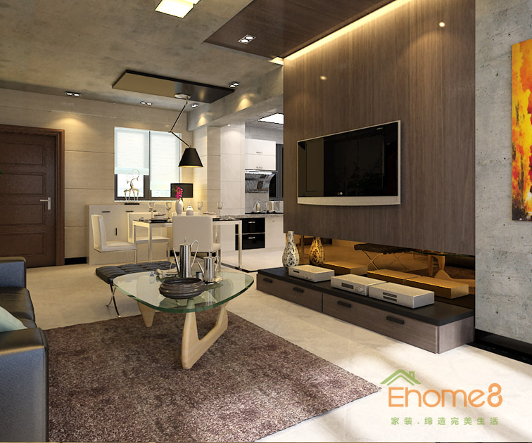 65㎡兩房一廳現(xiàn)代簡(jiǎn)約風(fēng)格客廳全局裝修效果圖